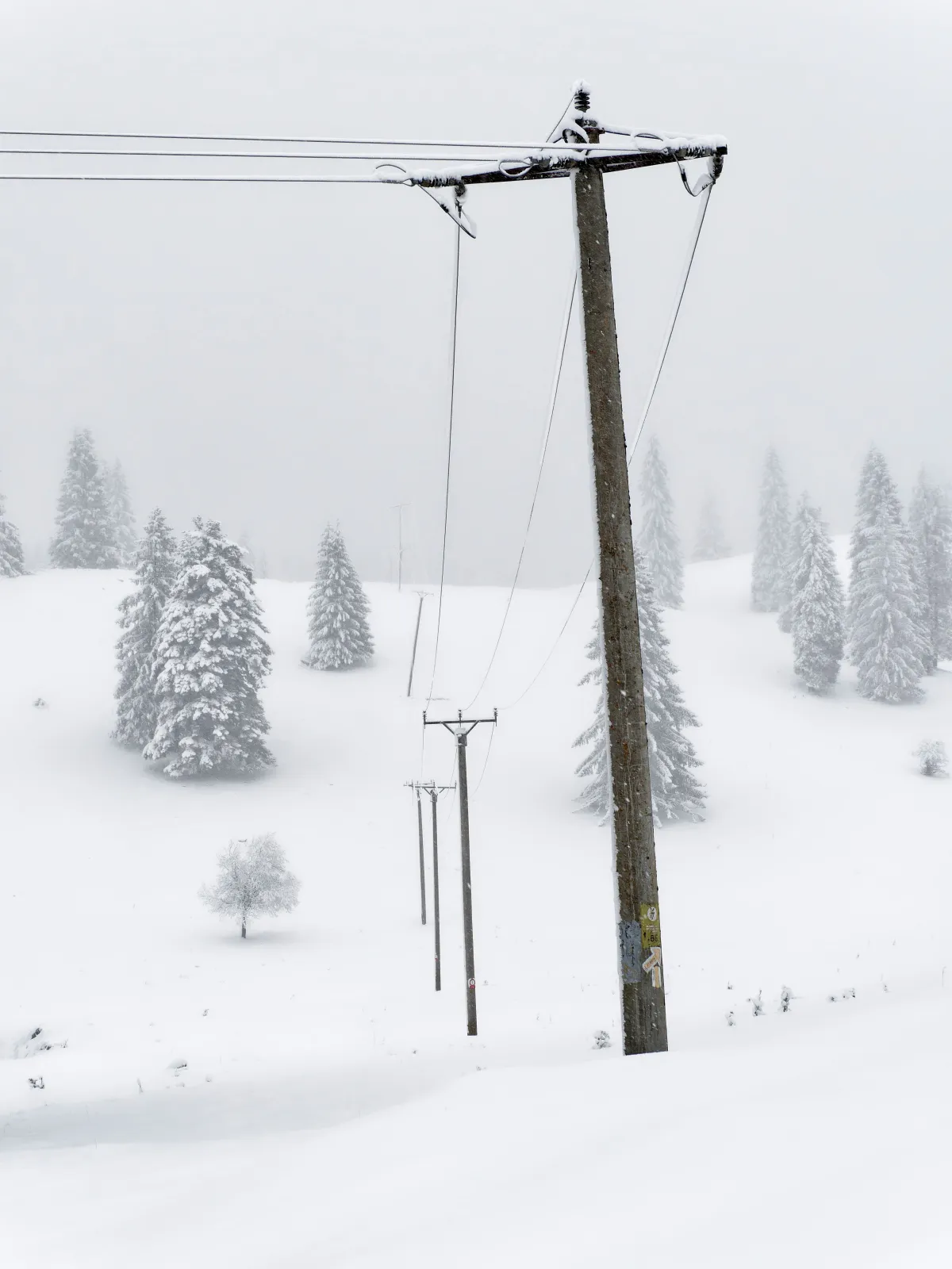 Verschneite Winterlandschaft mit Strommasten - Herausforderung für E-Auto Reichweite
